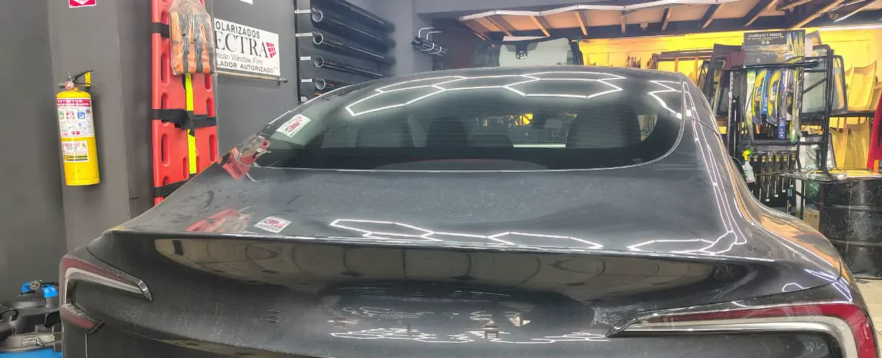 Tesla Model 3 vista trasera con vidrios polarizados en Cali